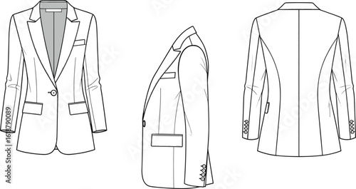 Blazer cad sketch, front view, side view, back view, fashion vector illustration, technical garment drawing, flat design, tailored silhouette