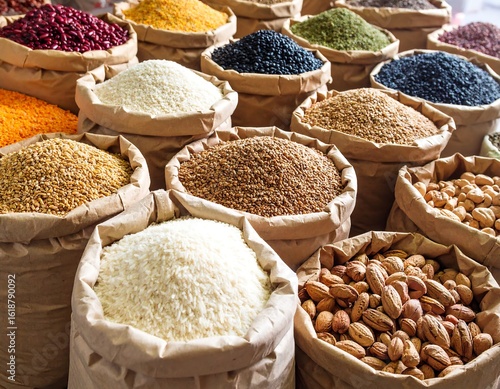 Colorful sacks of various grains and legumes