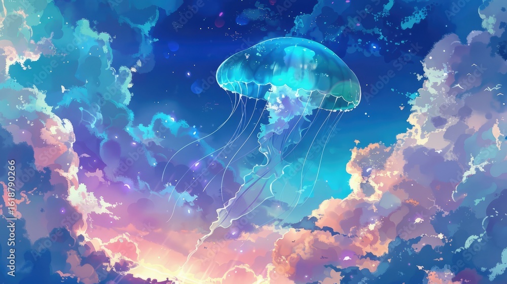 Fototapeta premium Colorful jellyfish floating in dreamy sky fantasy world background with glowing tentacles and bubbles