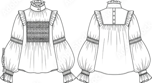 "Chic Women's Ruffled High-Neck Blouse with Bishop Sleeves, Fashion-Forward Design, Elegant and Versatile Apparel, Front and Back Views, Vector Flat Sketch for Stock."