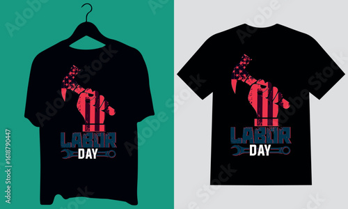 Labor Day T-shirt: A unique T-shirt design celebrates Labor Day, showcasing a hand holding tools over an American flag, symbolizing worker's dedication. 