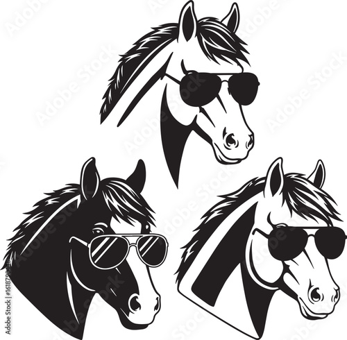 Three horses wearing sunglasses silhouette