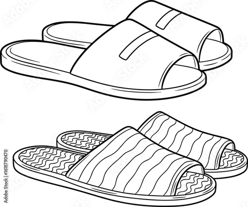 Slide sandals vector, summer shoes, open-toe footwear, casual style illustration, fashion accessory design, cad drawing flat vector illustration