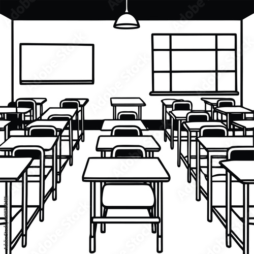 classroom scene with empty desks and warm light
