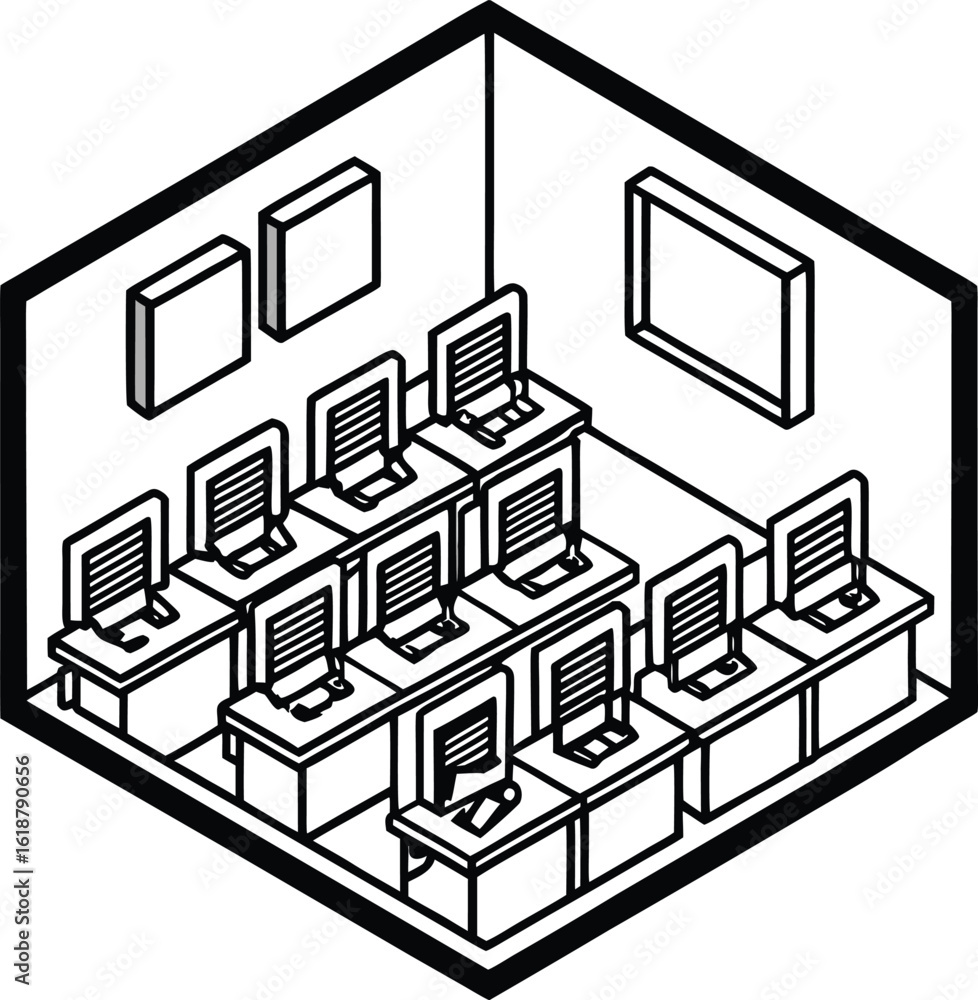 Fototapeta premium isometric classroom with row of computers and monitors