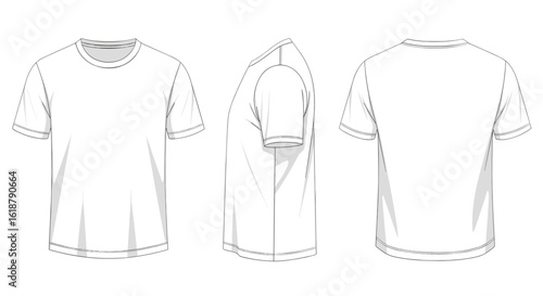 Blank white t-shirt template in three views: front, side, back  