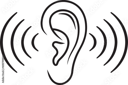 Simple black and white illustration of an ear symbolizing sound and hearing