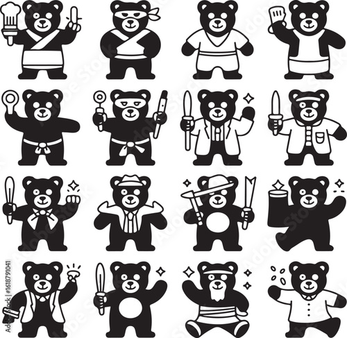 Stylized illustration of adorable cartoon bears in various professions and activities