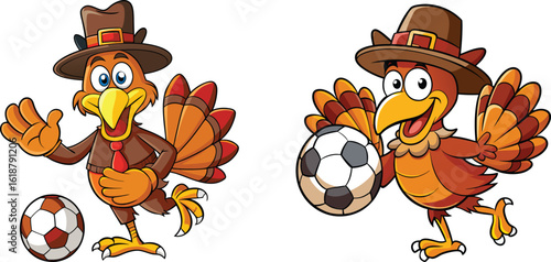 Thanksgiving Turkeys Celebrating with Soccer Balls Cartoon Characters for Festive Holiday Designs