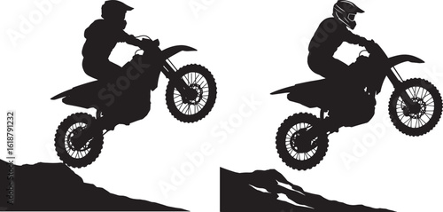 Two motocross riders performing jumps silhouette