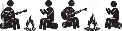 People sitting around campfires playing music silhouette