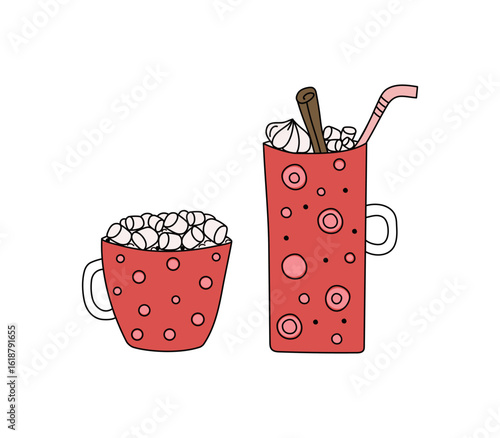 Cup and mug with dessert, sweet, hot drinks. Set Drawings, doodles. Delicious cocoa-milk dessert in mugs with marshmallows. Sweet cocoa balls, holiday confectionery.