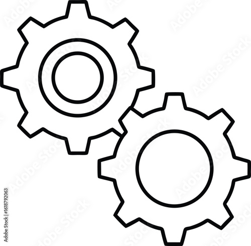 Minimal line icon of two interlocking gears black isolated on transparent background