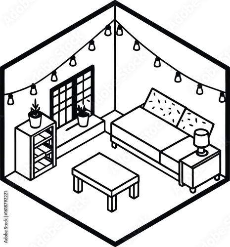 isometric dorm room decorated with fairy lights