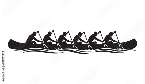 Silhouette of a team of six people paddling a canoe