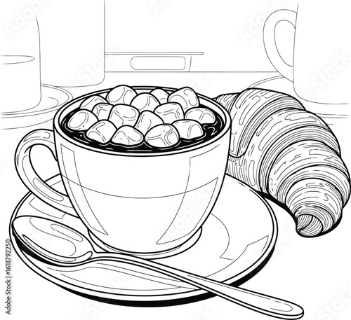 Black and white illustration of a comforting hot chocolate with marshmallows and croissant.