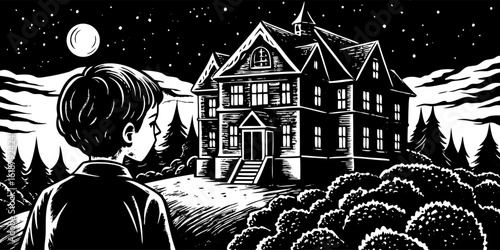 Vector art of boy looking at haunted house spooky mansion under moonlight night with stars and trees black and white art vector illustration