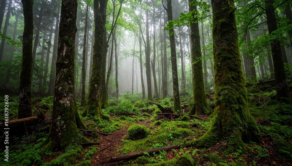 Obraz premium A lush, verdant forest interior with tall trees and a misty atmosphere.