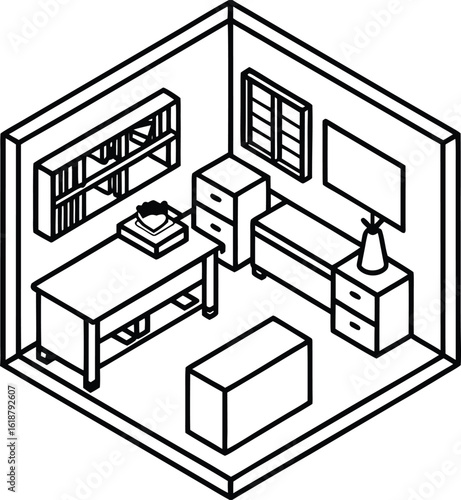 isometric dorm room with desk cluttered with books