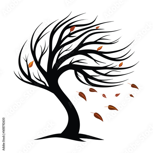Crisp dry leaf tree silhouette in windy motion isolated on white background