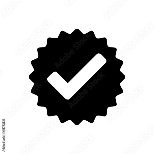 Black verified badge with check mark isolated on white background