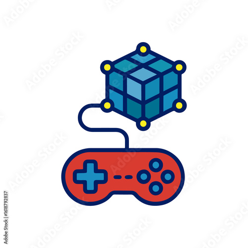 3d cube connected to a video game controller isolated on white background