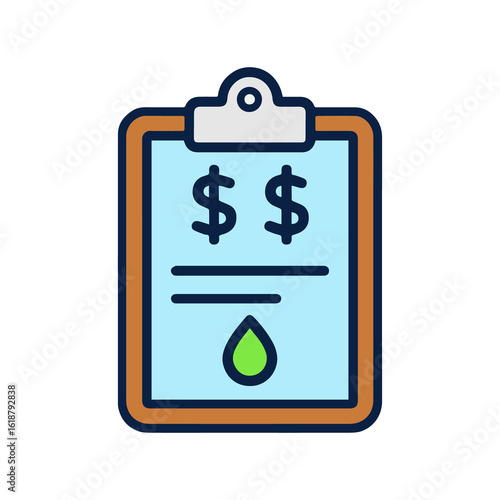Clipboard with dollar signs and green drop isolated on white background