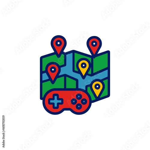 Video game controller and map with location pins isolated on white background