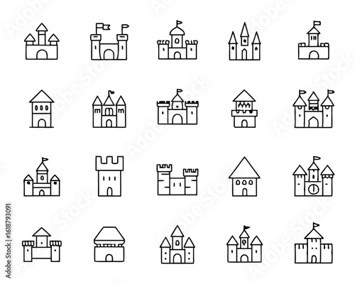 Collection of distinctive medieval castle silhouettes featuring ornate towers and battlements presented in a clean outline style for architectural or historical themed projects