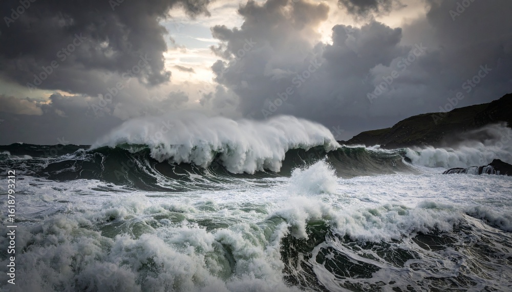 Obraz premium A powerful ocean wave crashes against rocky coastline under a stormy sky.