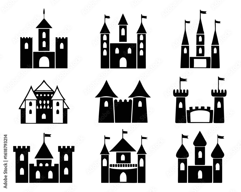 Fototapeta premium Collection of stylized medieval fortress outlines featuring classic architectural elements and a clean modern aesthetic suitable for various design applications