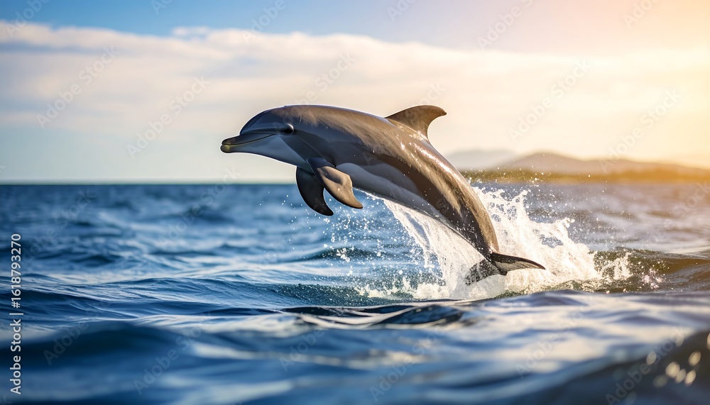 Naklejka premium Dolphin leaping from ocean waves at sunset