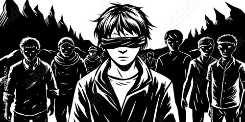 Vector art of blindfolded monochrome crowd following leader in dark world black and white illustration vector art vector illustration