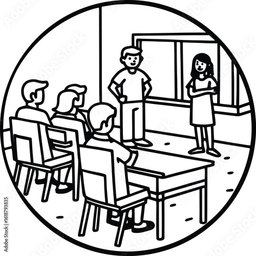 classroom scene with teacher desk and students