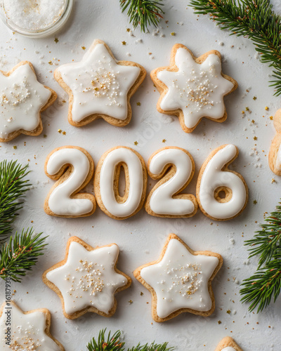 Iced cookies shaped as stars and numbers forming 