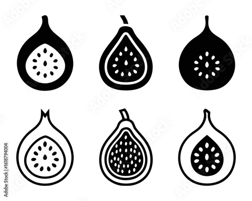 A singular bold solid graphic representation of a ripe fig fruit showcasing its internal structure with a clear cross section view perfect for culinary or botanical themes