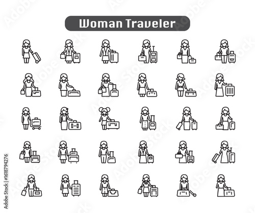 Minimalist Woman Travel Icons: Black & Line Art Trolley Bags