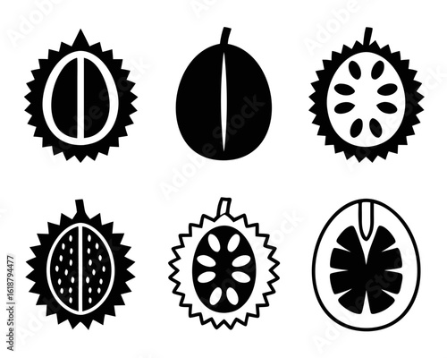 A singular bold graphic representation of a pungent durian fruit showcasing its distinctive thorny exterior and characteristic aroma presented as a clean solid glyph for digital use