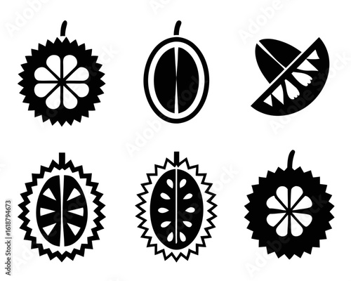 Distinctive graphic representation of a pungent spiky durian fruit showcasing its unique texture and form with bold outlines and vibrant color elements
