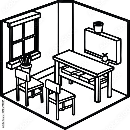 classroom scene with teacher's table and tidy floor