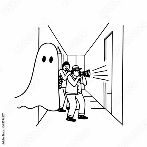 Vector art of ghostly encounter investigation paranormal activity spooky scene halloween investigation ghost hunter paranormal team vector illustration