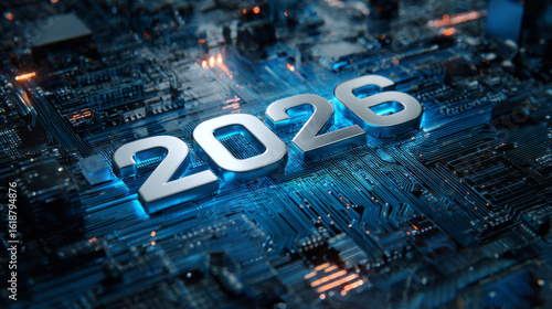 Wallpaper Mural Metallic 2026 numbers displayed on a glowing blue microchip surface, symbolizing futuristic digital innovation and advancing technology. ai generative Torontodigital.ca