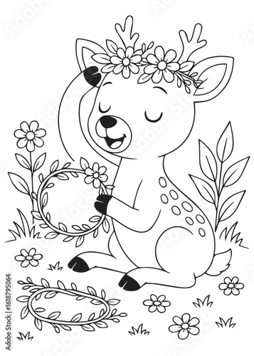 Coloring book deer making a flower crown while sitting in a garden.
