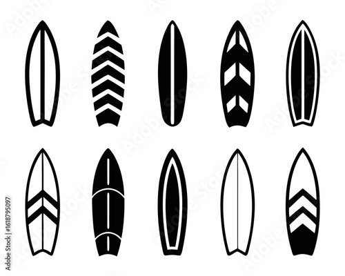 A striking black silhouette of a surfboard presented as a clean graphic symbol perfect for beach surf or summer themed designs and branding