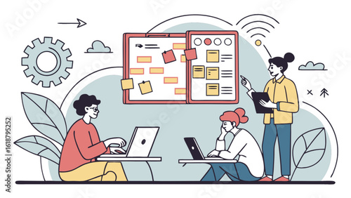Team members collaborating on a project, planning and brainstorming ideas on a board, using laptops and sticky notes to manage tasks and deadlines in a business office environment