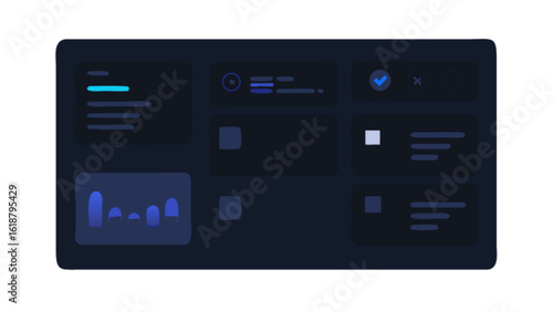 Illustration of a dark themed dashboard interface with data analytics and charts, showcasing a web application admin panel design for monitoring and control, isolated on white background