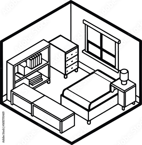 isometric scene of a colorful student dorm room