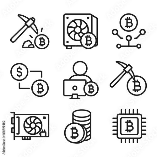 Digital cryptocurrency icon set. Outline symbols. Line design