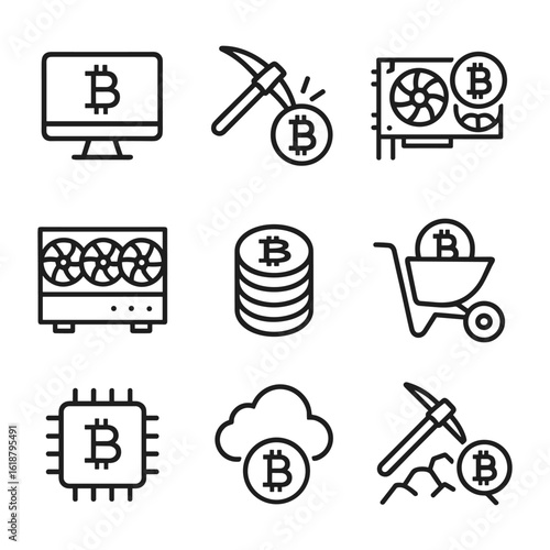 Bitcoin and cryptocurrency icons. Outline symbols. Line design