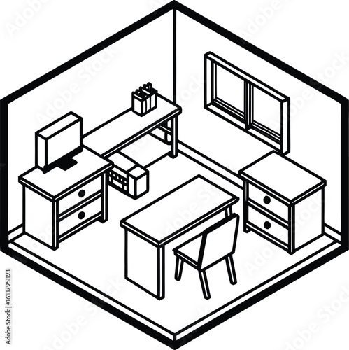isometric shared dorm room with two desks and corner